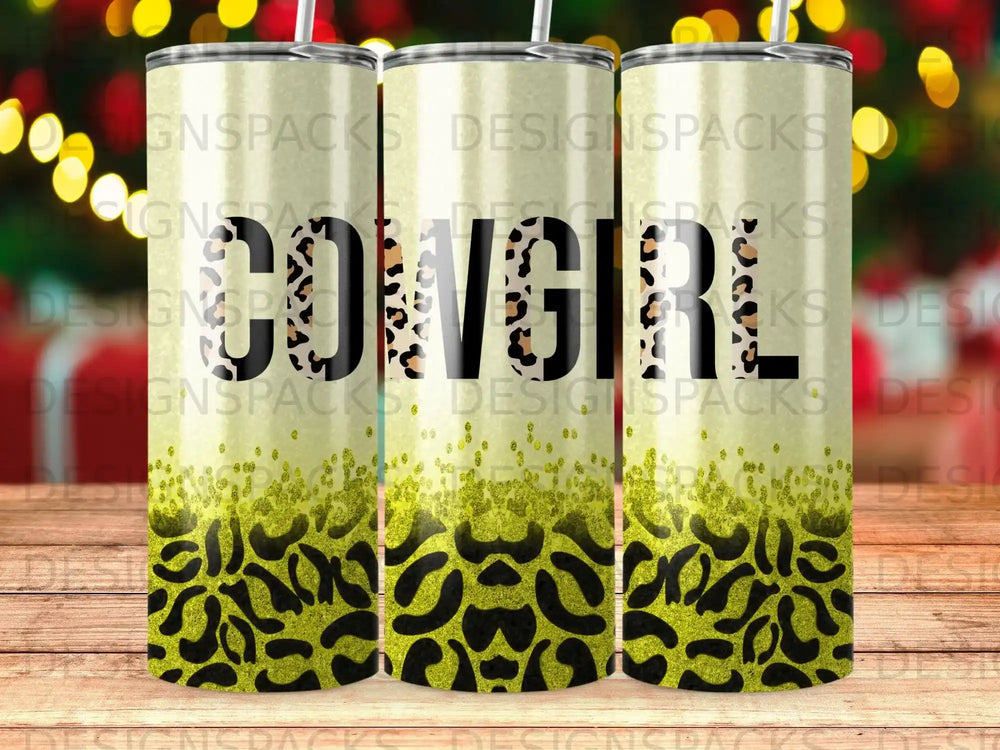 Tumbler with "COWGIRL" in leopard print and glitter overlay.