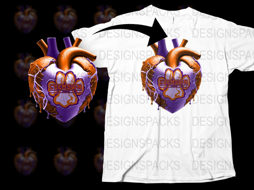Clemson Heart Graphic T-Shirt, Purple and Orange, College Sports Fan Apparel, Unisex Tee