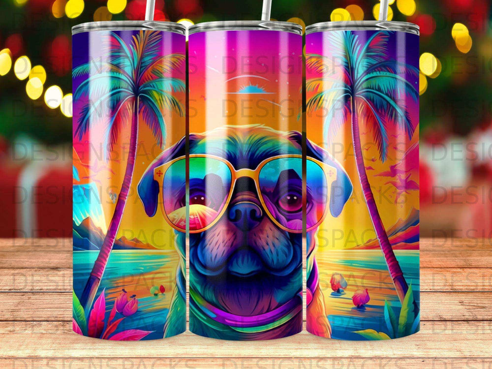 Pug wearing sunglasses on a tropical beach at sunset.