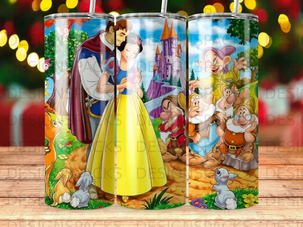 Snow White, Prince Charming, and seven dwarfs near a castle with woodland creatures.