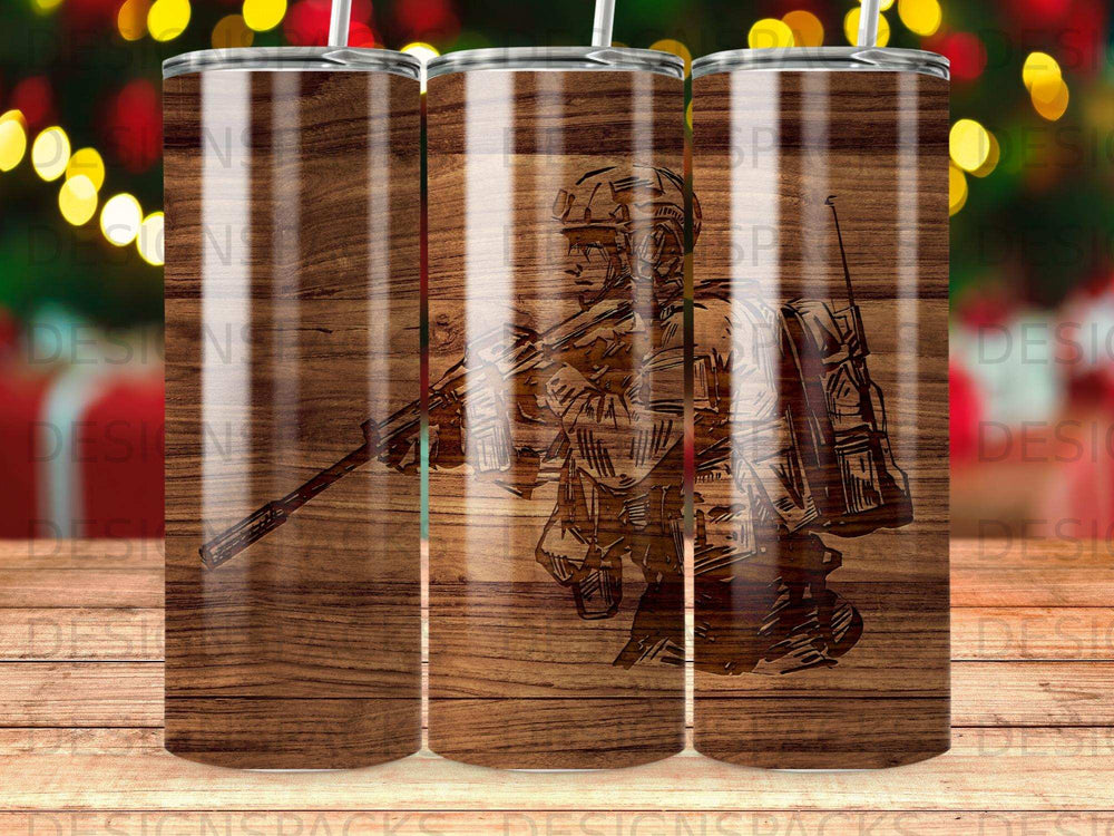 Soldier silhouette with rifle on a rustic wood grain background.