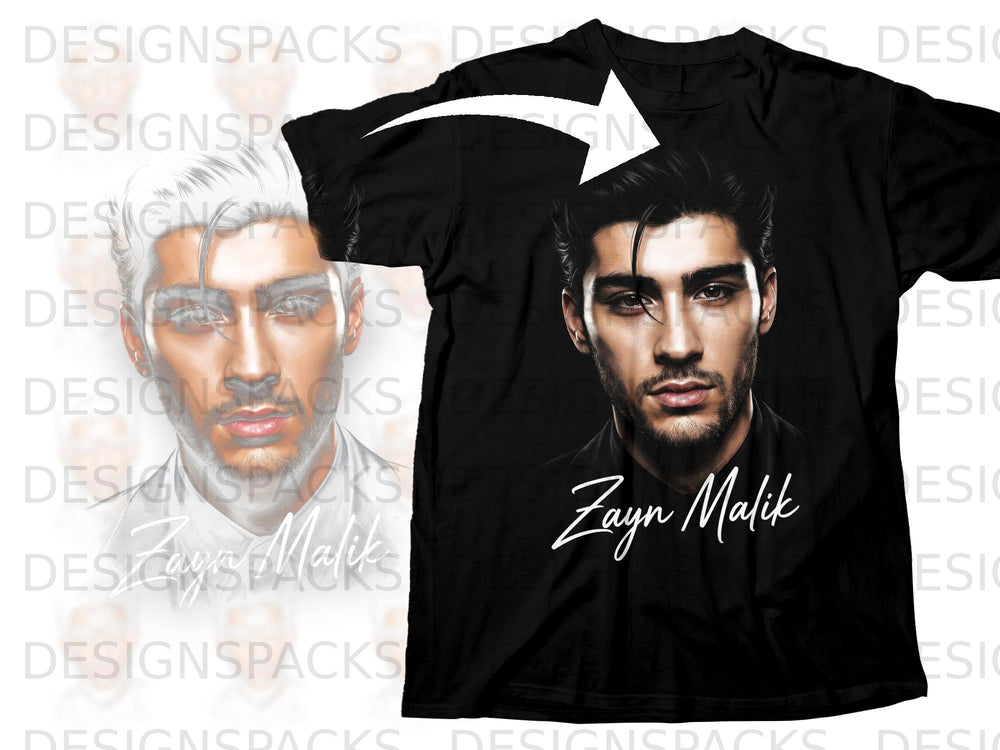 Black t-shirt with a portrait and signature of Zayn Malik.