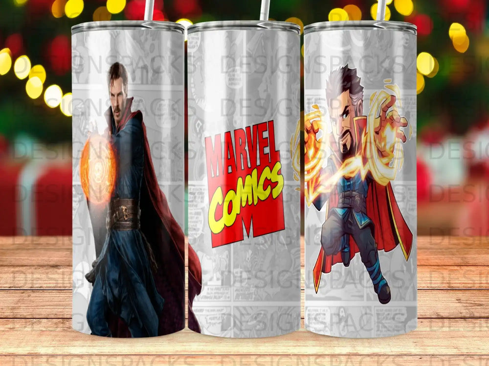Doctor Strange and comic book art on a tumbler with "MARVEL COMICS" text.
