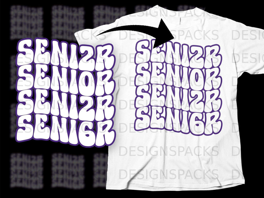 White t-shirt with purple "SENIOR" text repeated in a groovy font.
