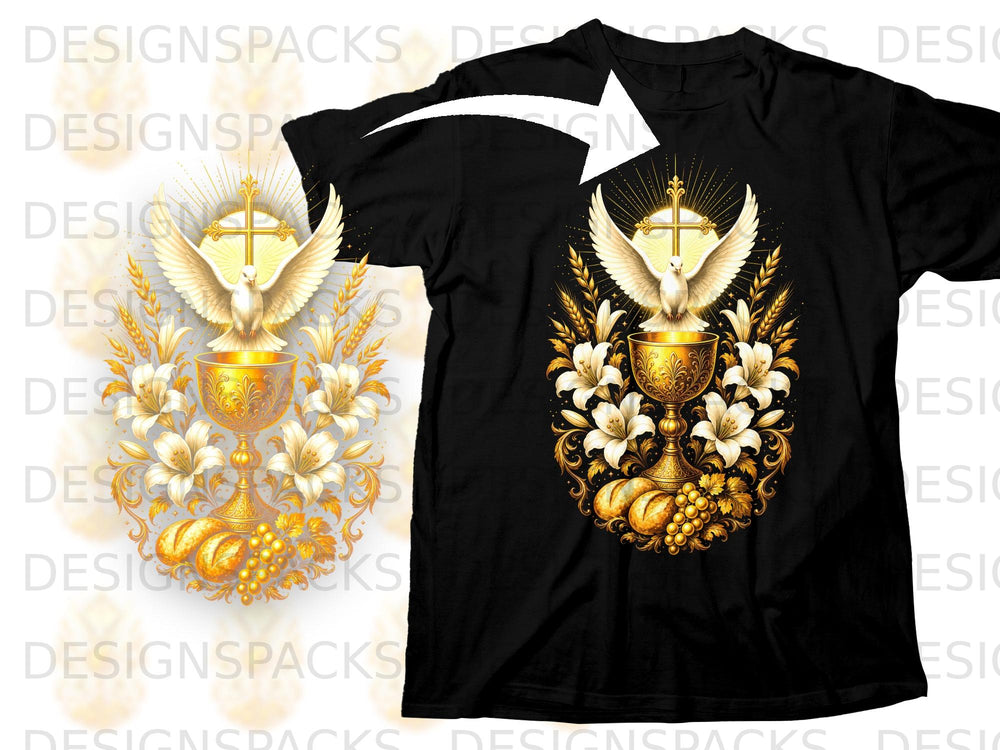 Gold chalice with dove, cross, lilies, wheat, grapes, and bread on black t-shirt.