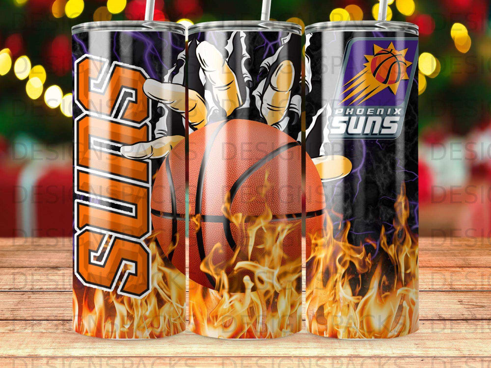 Phoenix Suns basketball team logo and branding on a tumbler.