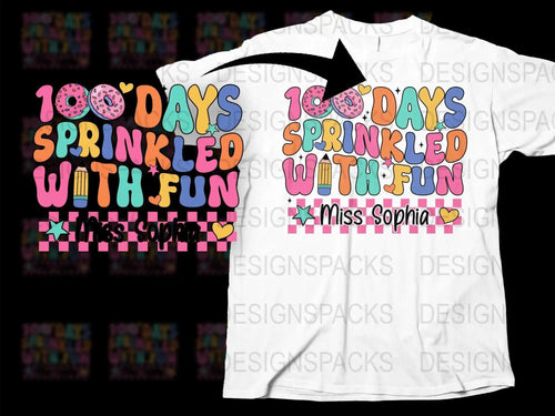 Customized 100 Days of School T-Shirt, Sprinkled With Fun, Personalized Kids Shirt, Colorful School Celebration Tee, Miss Sophia