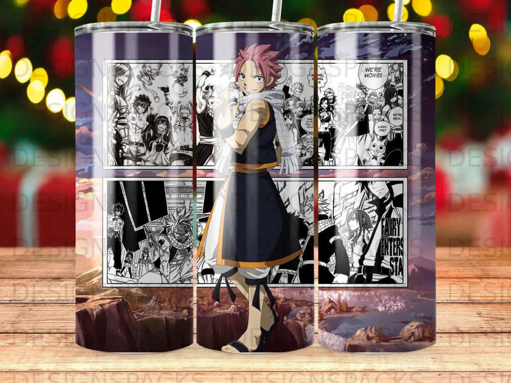 Anime characters, Natsu and Lucy, in manga panels on a tumbler with landscape background.