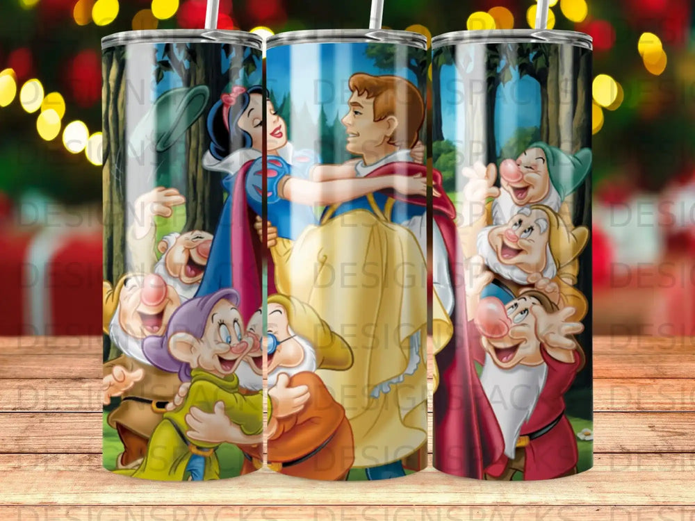 Snow White and Prince Charming embrace surrounded by seven dwarfs in a forest setting.