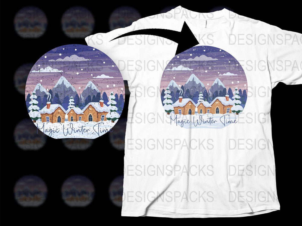 Magical Winter Time T-Shirt, Snowy Village Scene, Cozy Holiday Apparel, Unisex Winter Fashion
