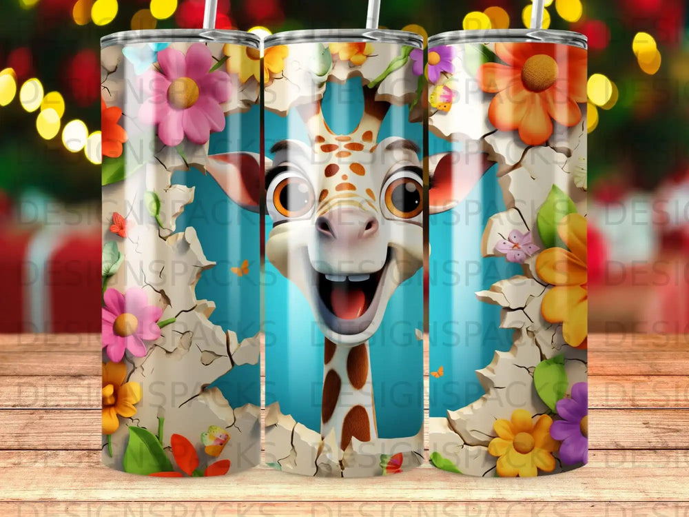 Happy cartoon giraffe peeking through a cracked wall with colorful flowers.