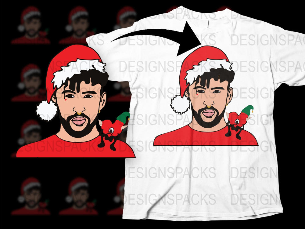 Festive Holiday T-Shirt with Cartoon Man and Red Santa Hat Design, Christmas Apparel Gift