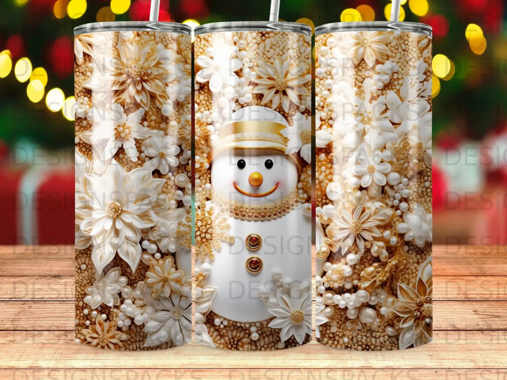 Snowman with floral adornments and pearl necklace on a gold patterned tumbler.