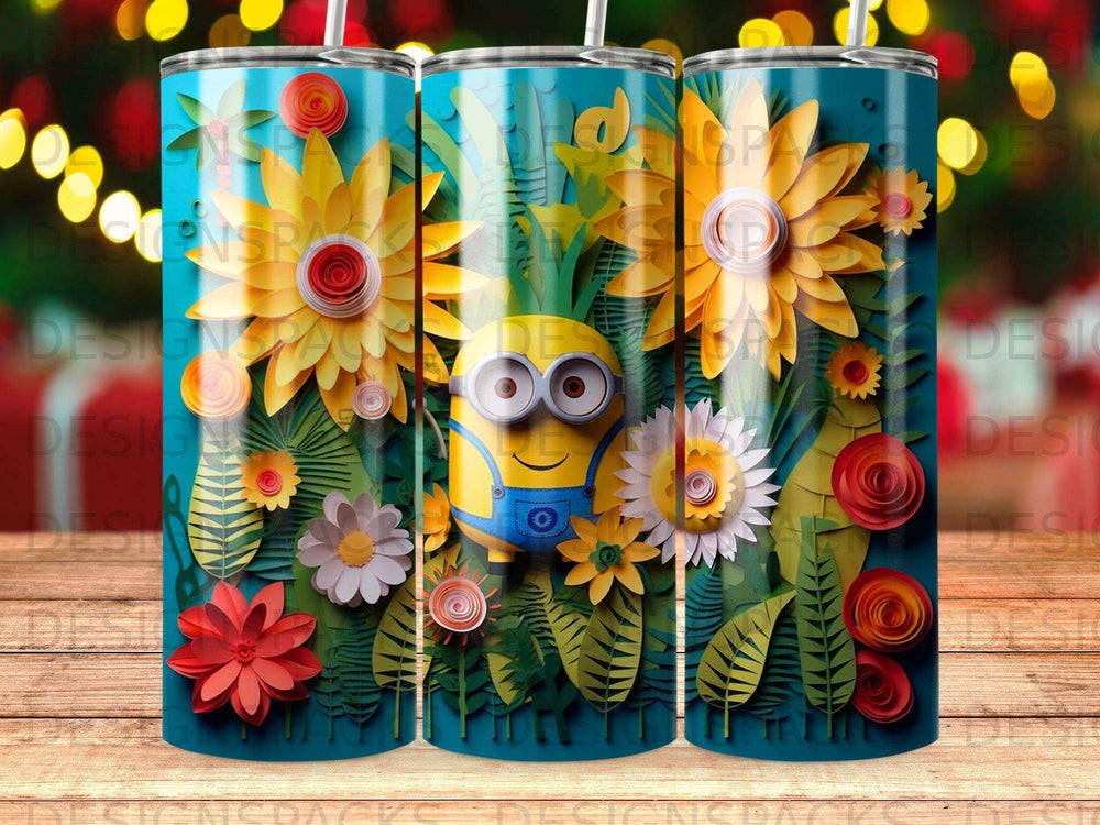Minion character surrounded by colorful paper flowers and tropical leaves.