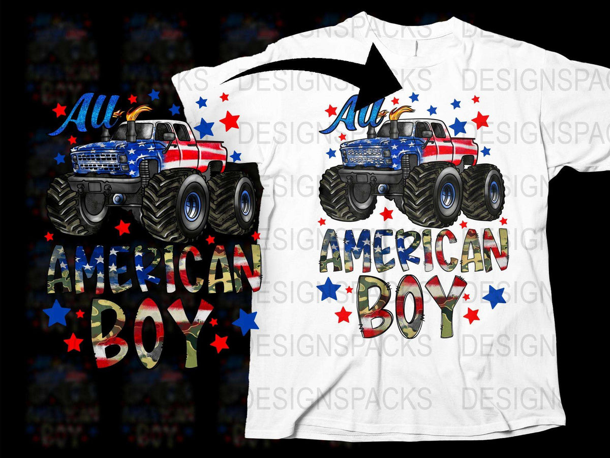 American Boy Monster Truck T-Shirt, Patriotic USA Flag Design, Kids Graphic Tee, Boys Casual Shirt, Gift for Children
