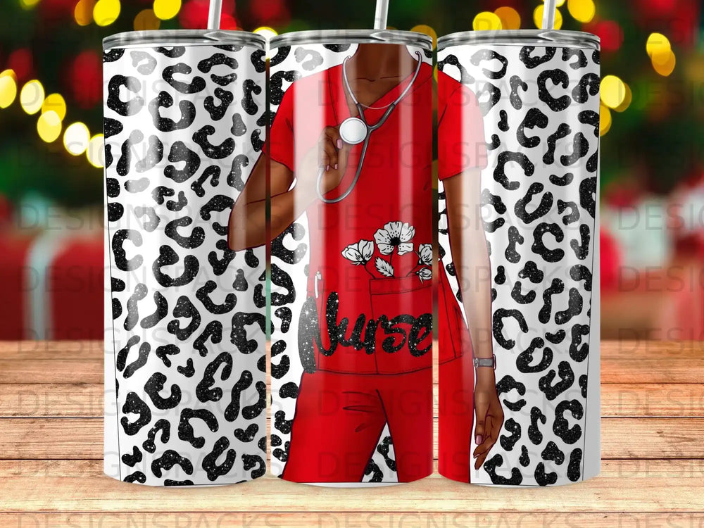 Red scrubs with stethoscope and leopard print pattern on tumblers.