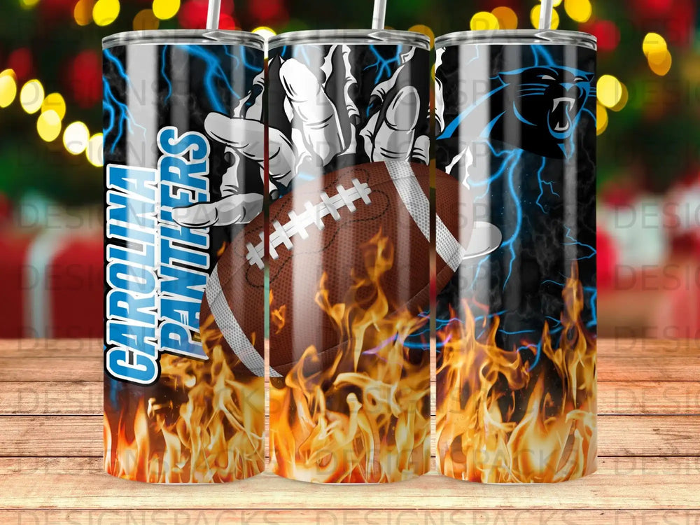 Carolina Panthers football and flames design on a tumbler.