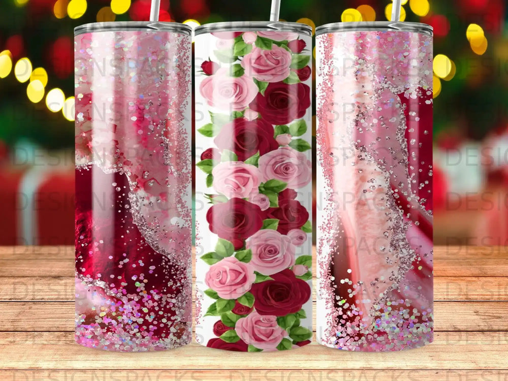 Three tumblers featuring pink and red roses and glitter accents.