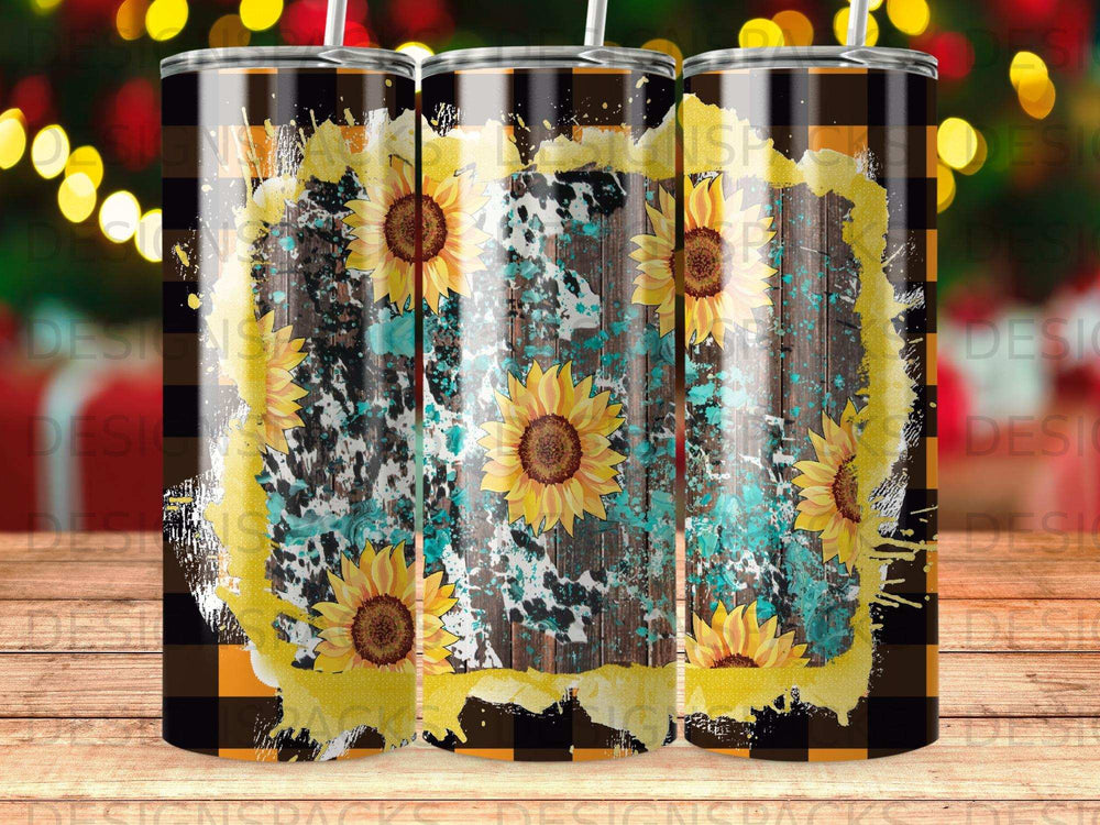 Sunflower pattern on a plaid tumbler with distressed wood and teal accents.