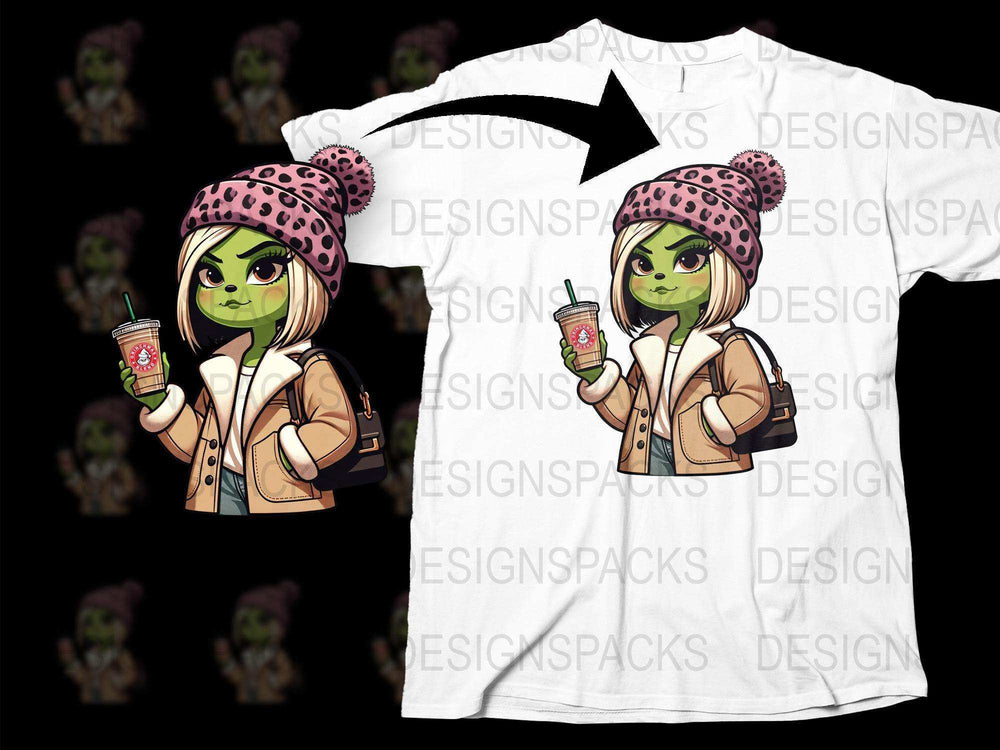 Trendy Cartoon Girl T-Shirt, Cute Monster with Coffee Graphic Tee, Fashionable Casual Streetwear, Unique Gift Idea