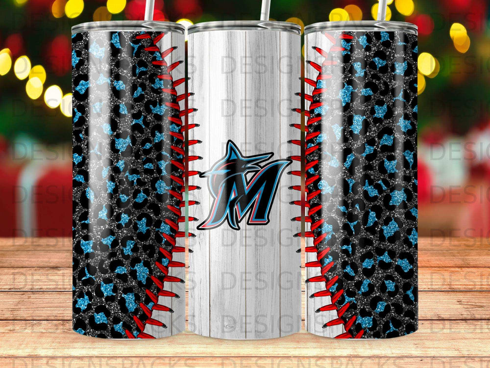 Miami Marlins baseball tumbler with leopard print and red stitching accents.