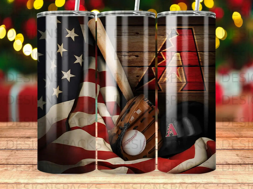 Arizona Diamondbacks logo on USA flag, baseball glove, and wood background.