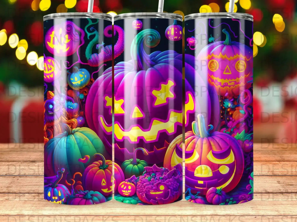 Halloween pumpkins and creatures with glowing jack-o'-lantern faces.