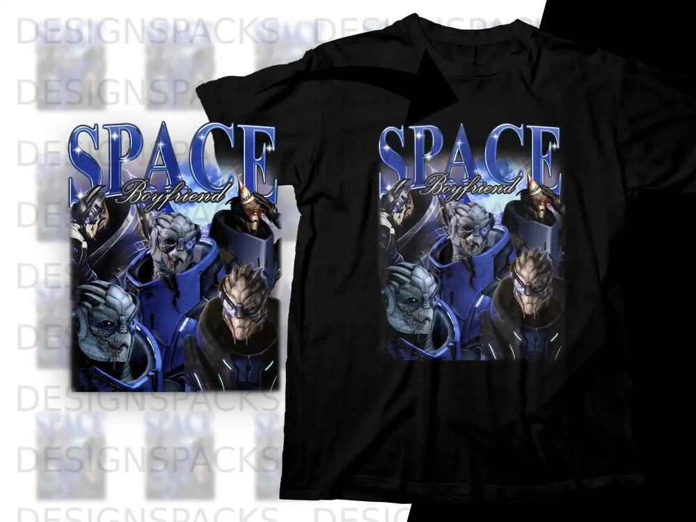 Mass Effect characters on a black t-shirt with "Space Boyfriend" text.