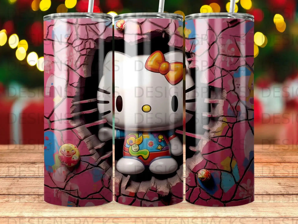 Hello Kitty with cracked pink wall background, wearing a colorful outfit.