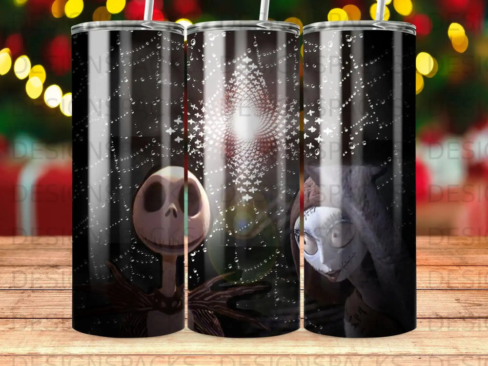 Jack Skellington and Sally characters on a tumbler with a cobweb and water droplet design.