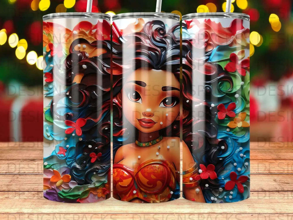 Moana with colorful flowers and ocean waves on a tumbler.
