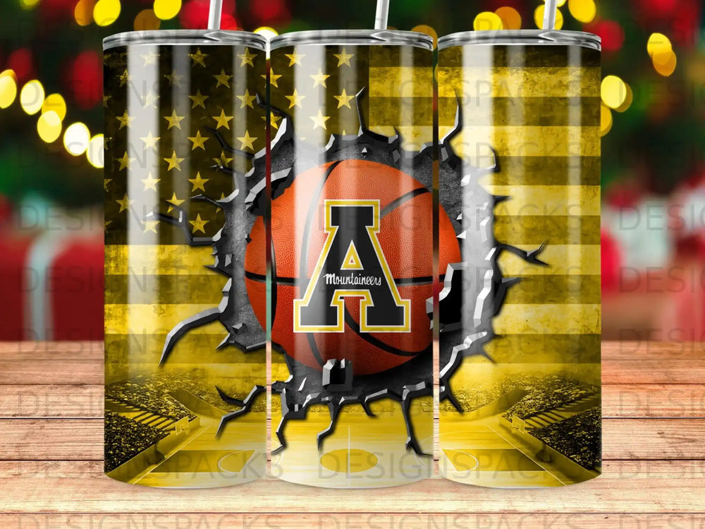 Black tumbler with distressed American flag, basketball, and "Mountaineers" text.