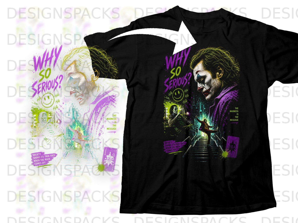Black t-shirt featuring the Joker from The Dark Knight, "Why So Serious?" text, and quotes.