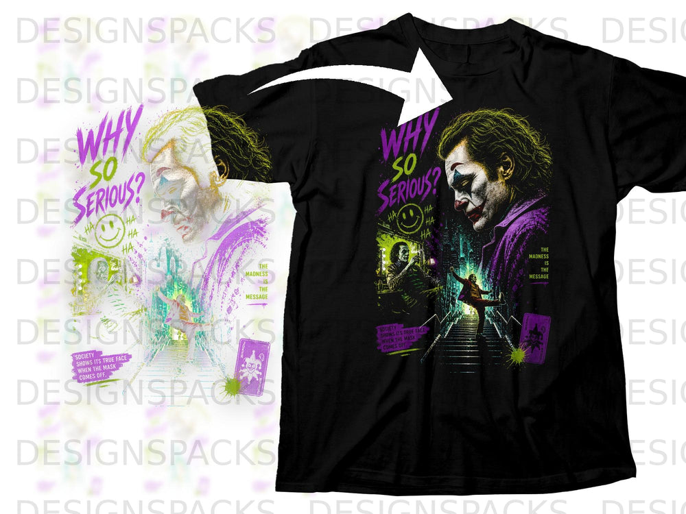 Black t-shirt featuring the Joker from The Dark Knight, "Why So Serious?" text, and quotes.