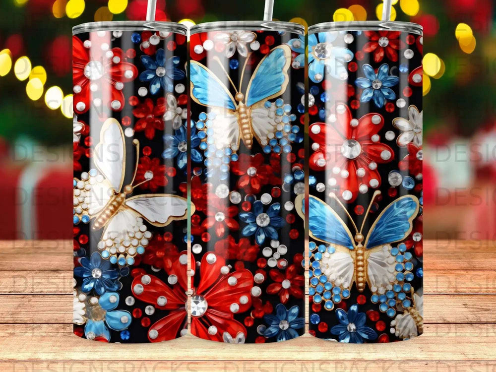 Red, white, and blue floral pattern with butterflies on a tumbler.