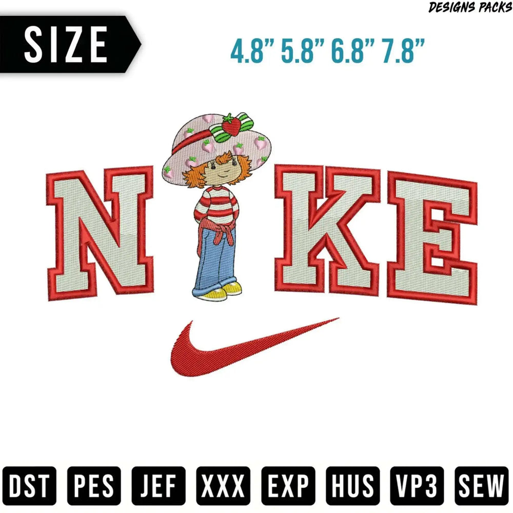 Nike logo with Strawberry Shortcake character wearing a hat.