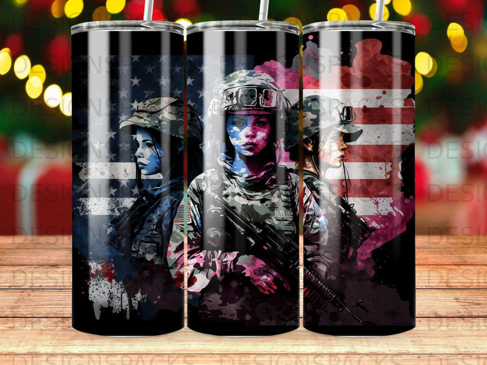 Three women in camouflage holding rifles, with American flag overlay.