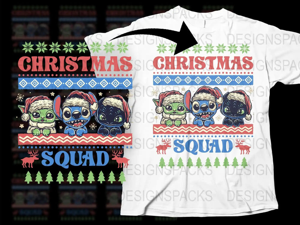 Christmas Squad T-Shirt with Baby Yoda and Porgs, Festive Holiday Graphic Tee, Unisex Winter Apparel