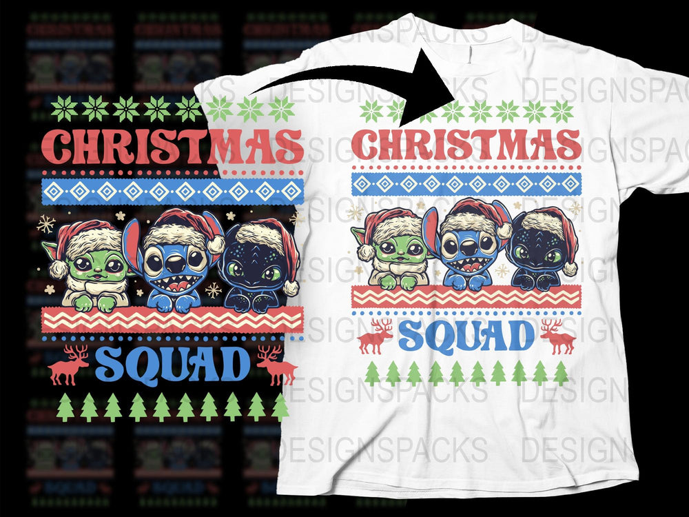 Christmas Squad T-Shirt with Baby Yoda and Porgs, Festive Holiday Graphic Tee, Unisex Winter Apparel