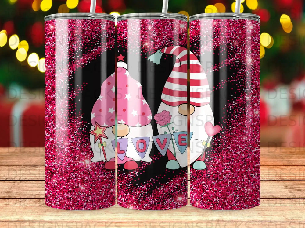 Gnomes in pink and red striped hats form the word LOVE on a sparkly background.