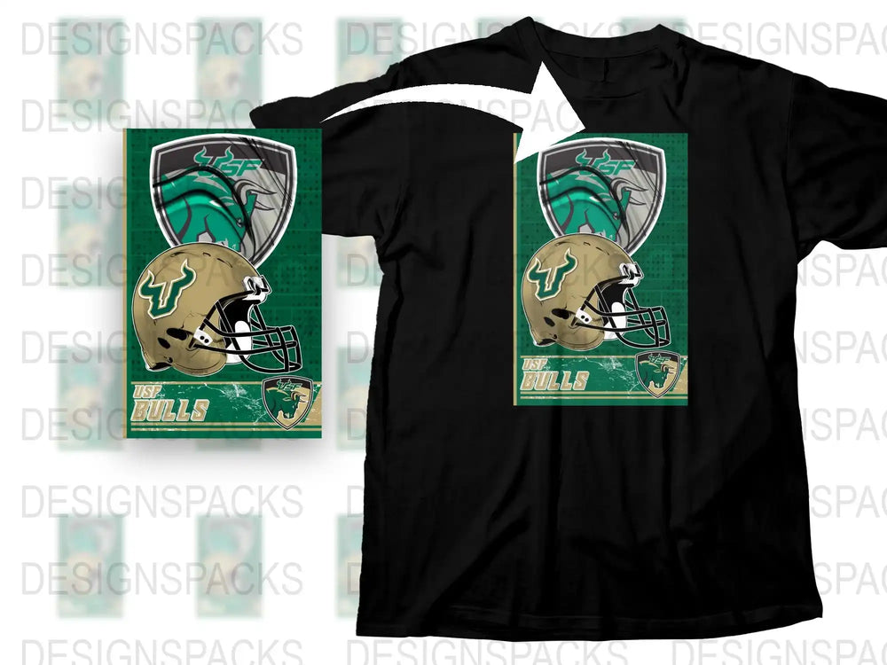 USF Bulls Graphic T-Shirt, College Football Team Logo, Green and Gold Design, Sports Fan Apparel, Casual Wear, Unisex Size
