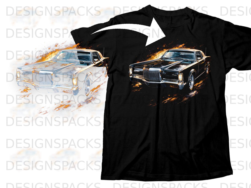 Black t-shirt with a graphic of a classic black car with flames.