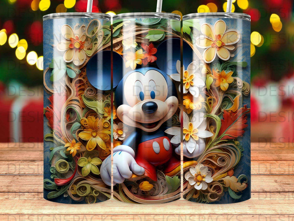 Mickey Mouse surrounded by colorful floral details.
