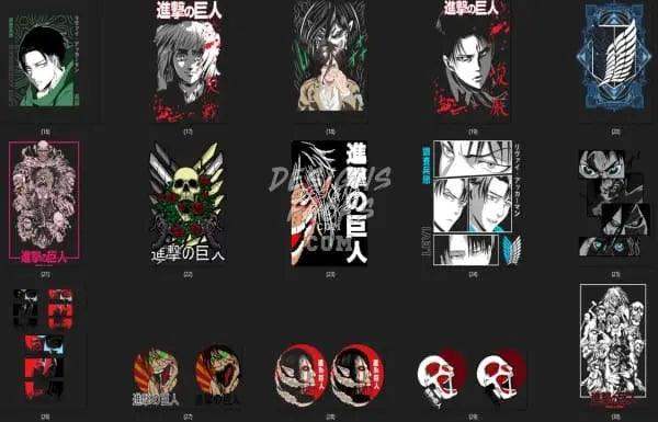 Attack on Titan anime designs for DTF, DTG, embroidery, and tumbler wraps, print-ready PNG, PES, SVG