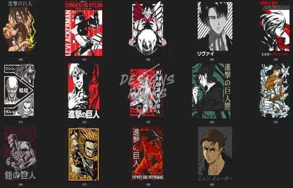 Anime-inspired print designs for DTF/DTG, embroidery, and tumbler wraps featuring Attack on Titan characters