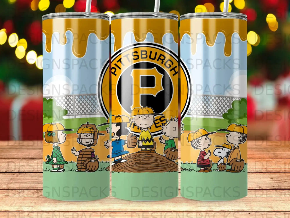Pittsburgh Pirates logo with Snoopy and Charlie Brown baseball characters.