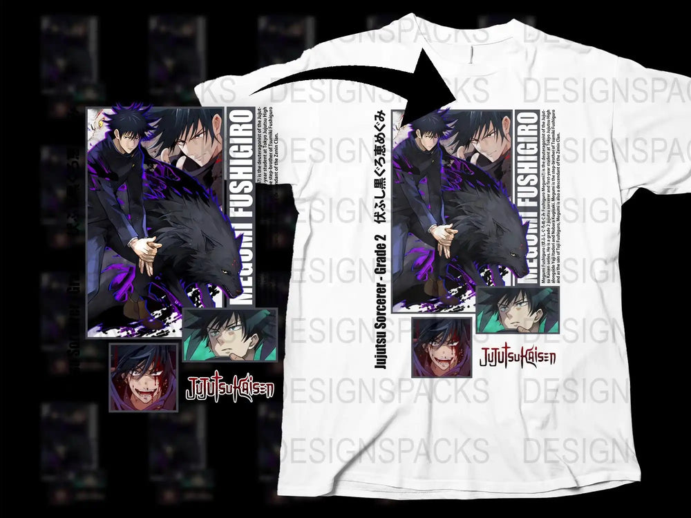 Anime Graphic T-Shirt, Jujutsu Kaisen Inspired Design, Fushiguro Megumi Print, Unisex Manga Tee, Cool Fan Merchandise, Black and White