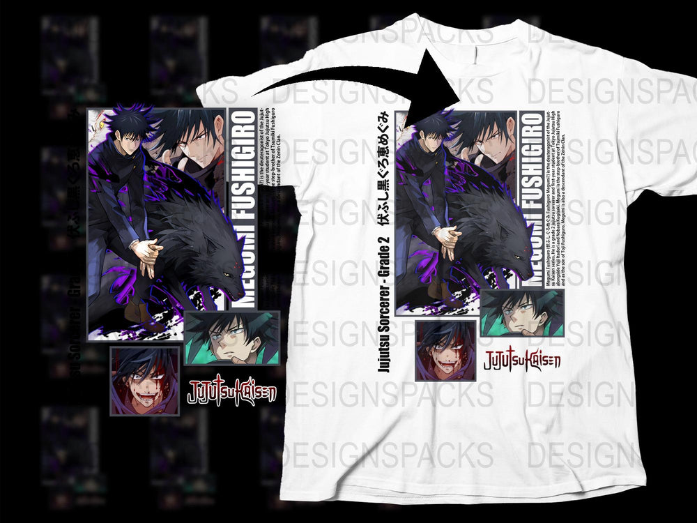 Anime Graphic T-Shirt, Jujutsu Kaisen Inspired Design, Fushiguro Megumi Print, Unisex Manga Tee, Cool Fan Merchandise, Black and White