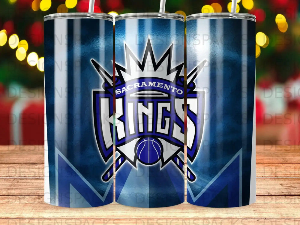 Sacramento Kings logo on a blue and purple patterned tumbler.