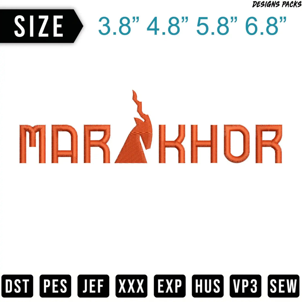 MAR KHOR text logo with embroidery file format options.